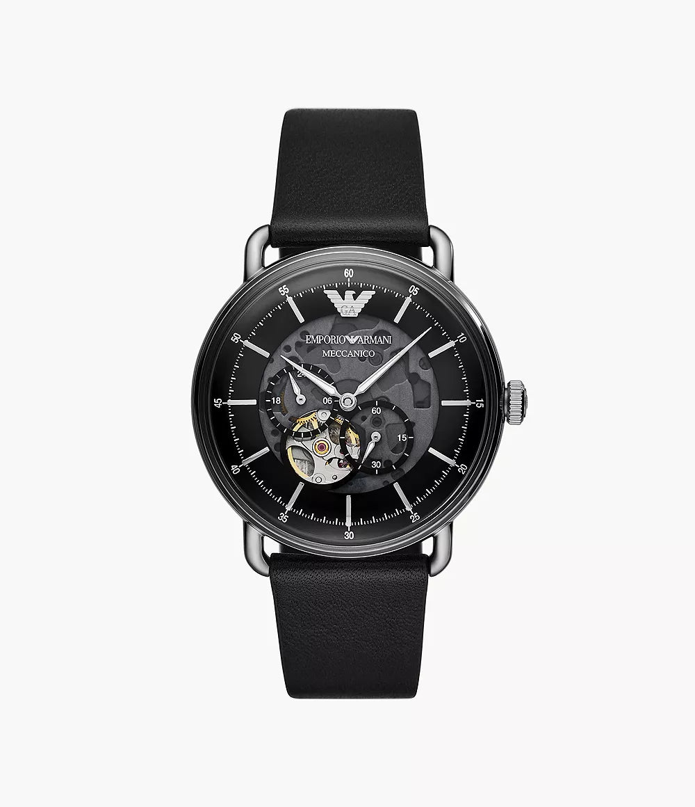 Emporio Armani Meccanico Skeleton Black Dial Black Leather Strap Watch For Men - AR60026